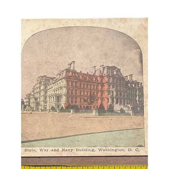 Atq Stereoscope Stereograph Card Hand Colored B&W State War And Navy Bldg DC - Picture 1 of 3